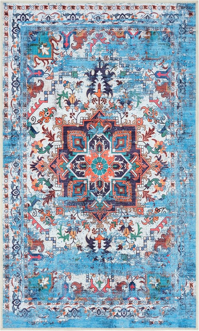 GLN Rugs Traditional Collection - Machine Washable Area Rug, Traditional Washable, Non Slip, Low Pile Chenille Rug, Living Room, Bedroom, Kitchen Rug (2'6" x 7' Blue/Multicolor)