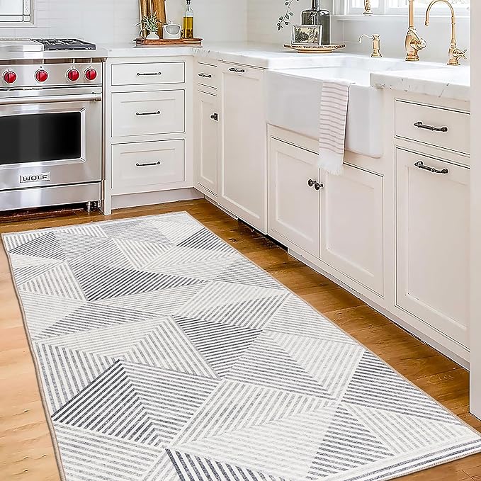 ReaLife Rugs Machine Washable Area Rug Runner - Living Room Bedroom Bathroom Kitchen Entryway Office - Padded Low Pile Stain Resistant Premium - Modern Geometric Contemporary - Miles - Gray 2'6" x 8'