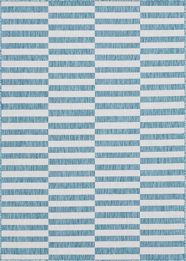 Unique Loom Outdoor Collection Classic Stripes, Transitional Indoor & Outdoor Area Rug, 8' 0 x 11' 0, Blue/ Ivory