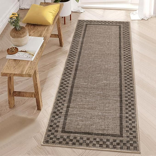 Rug Runners for Hallways 2x8 Washable Kitchen Runner Rug Non Slip Low Pile Bedside Throw Carpet Modern Bordered Bathroom Runners Checkered Area Rug for Living Room Bedroom Entryway Nursery, Brown
