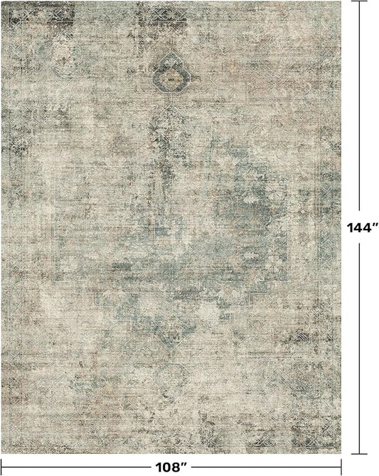 Washable Moss Green 9x12 Rug for Living Room -Modern Large Rug for Bedroom, Dining Room Under Table, Non Slip &Soft Low Pile Farmhouse Carpet