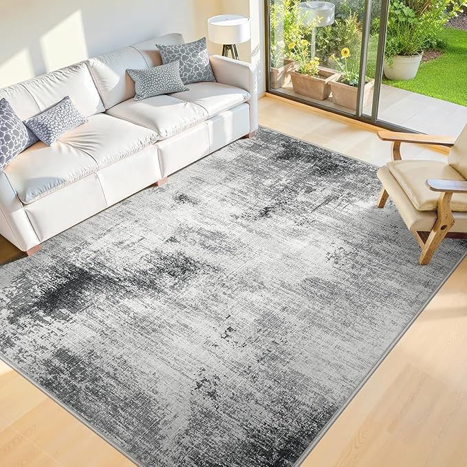 10x14 Washable Area Rugs - Modern Abstract Large Rugs for Living Room Non-Slip Low Pile Soft Machine Washable Carpet for Bedroom, Under Dining Table, Nursery, Farmhouse (10'x14' Dark Grey)