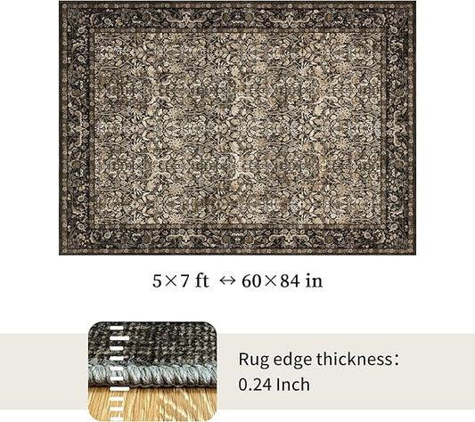 Washable Living Room Rug: 5x7 Boho Floral Soft Area Rug for Bedroom Decor - Vintage Low Pile Thin Carpet for Dining Room Non-Slip - Farmhouse Stain Resistant Rugs - Dark Brown