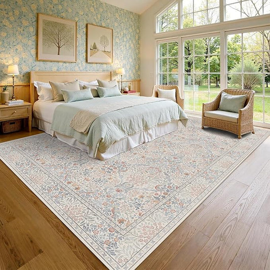 9x12 Floral Washable Area Rugs for Living Room, Vintage Boho Large Rug for Bedroom Dining Room, Distressed Botanical Birds Non Slip Low Pile Forest Animal Throw Carpet for Farmhouse Office, Beige Blue