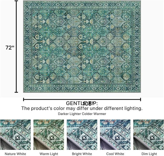 Bavni Washable Rug 6x9 Area Rug for Living Room Bedroom Dining, Washable Vintage Print Carpet, Ultra-Thin Chenille Low Pile Lightweight Rug with Non Slip Backing, Dark Green