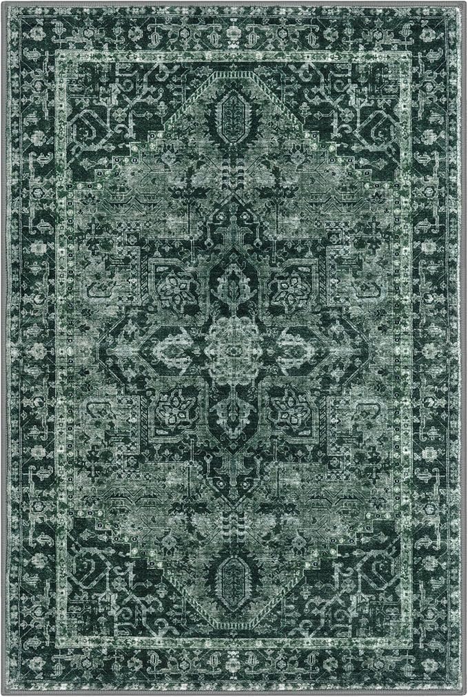 KOZYFLY Boho Area Rug 5x7 Ft Thin Washable Rugs for Living Room Faux Wool Throw Carpet Printed Non Slip Rug for Entryway Bedroom Dining Room Living Space, Dark Green