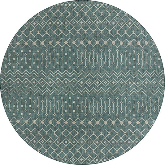 Unique Loom Outdoor Trellis Collection Area Rug - Tribal Trellis (13' Round, Teal/ Ivory)