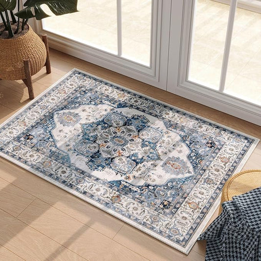 Rugcomf Vintage Medallion Rugs for Entryway 2'x3' - Door Mat Indoor Entrance, Machine Washable Area Rug, Non-Slip Low Pile Boho Carpet for Kitchen, Front Door, Bedroom, Kids Room - Blue