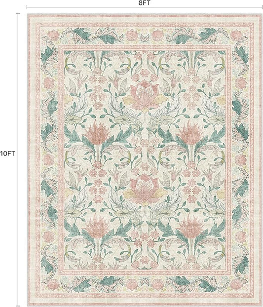 Bavni 8x10 Area Rugs for Living Room, Microfiber Machine Washable Non-Slip Vintage Floral Rug, Low Pile Lightweight Carpet for Bedroom, Dining Room, Home Office, Beige&Pink