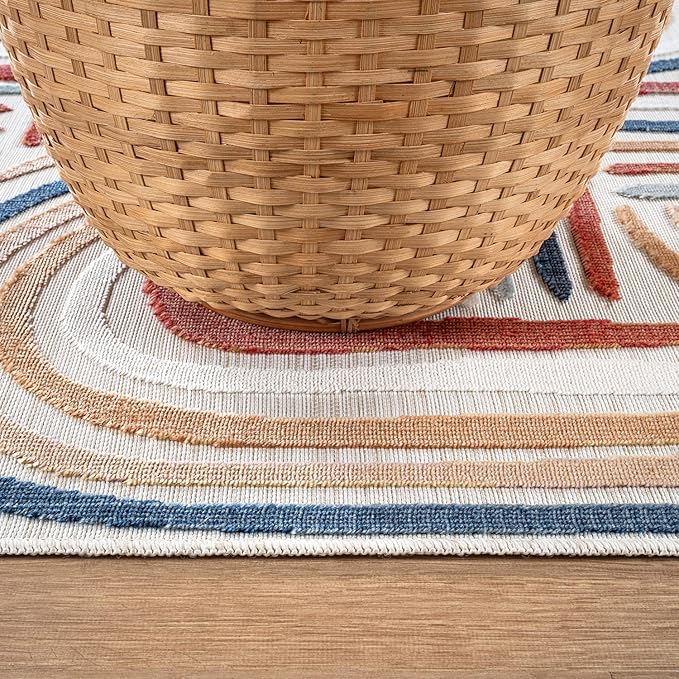 CAMILSON Indoor Outdoor Rug, Multicolor 10x14 Geometric Arch Striped Large Area Rugs for Patio and Home Areas, Easy-Cleaning Non-Shedding Living Room, Garden and Deck Washable Outside Carpet 10 x 14