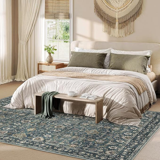 8x10 Washable Rugs for Living Room, Soft Large Rugs Blue Area Rug, Indoor Vintage Carpet for Bedroom Dining Room Office, Rubber Backed Non Slip Low Pile Mat, Deep Blue