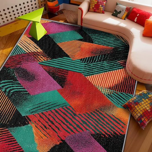 Abstract Rug, Colorful Geometric Patchwork Area Rugs 5x6, Retro Aesthetic Non Slip Thin Carpets House Decor #C032