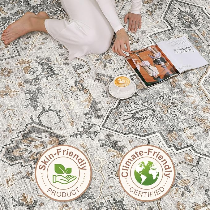 8x10 Area Rugs Living Room: Washable Boho Large Neutral Vintage Soft Rug Stain Resistant Distressed Farmhouse Non-Slip Indoor Floor Carpet for Bedroom Nursery Kids Office Dining Room- Taupe