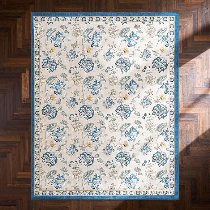 jinchan Elora 8x10 Floral Rug for Living Room Washable Bedroom Rug Vintage Romance Design Non Slip Thin Indoor Floor Cover Large Low-Profile Throw Carpet for Dining Room Office, Blue/Beige