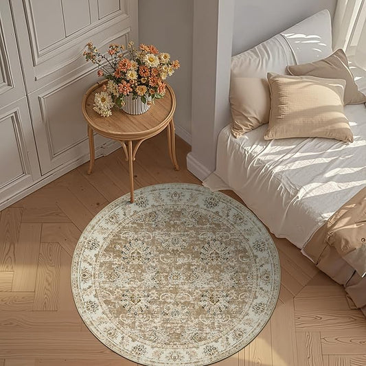 jinchan Fiora Round Rug 5ft Area Rug - Indoor Vintage Hallway Circle 5' Washable - Ultra-Thin Low Pile Soft Small Non Slip Distressed Floral Print for Living Room Dining Room Bedroom Entryway Taupe