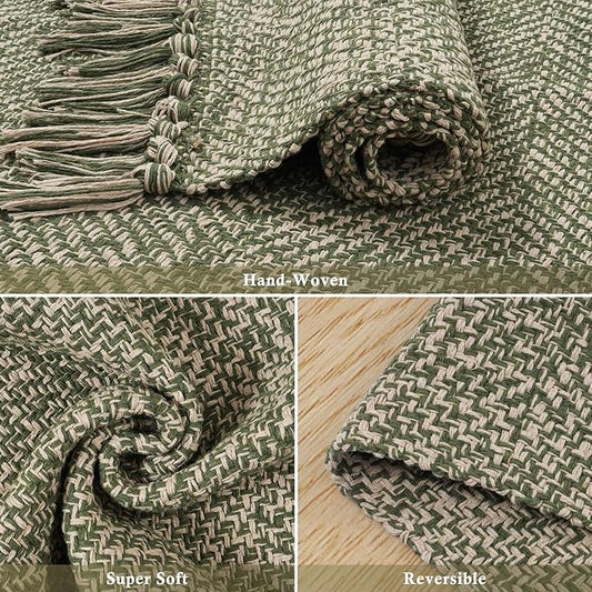 Collive 2' x 3' Small Entryway Rug, Washable Hand-Woven Kitchen Rug with Tassels, Natural/Green Farmhouse Low Profile Throw Rug Reversible Front Door Rug for Bedroom Bathroom Home Décor