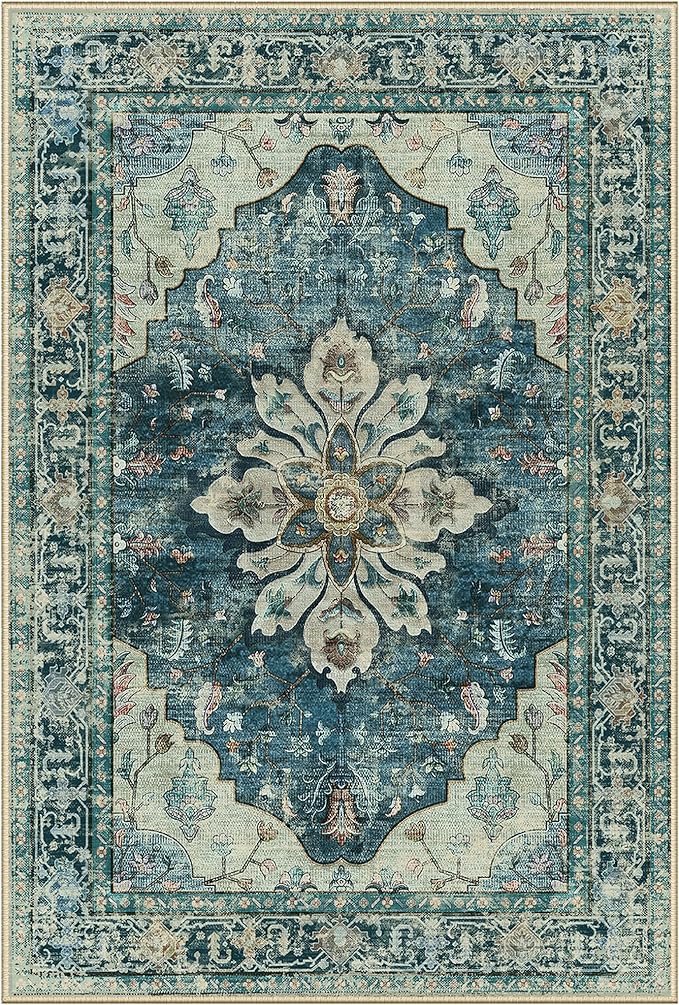 Area Rugs Square 7ft Washable Non-Slip, Floral Vintage Distress Print Pattern Medallion Carpet for Living Room Bedroom Dining Room, Dark Blue Vintage
