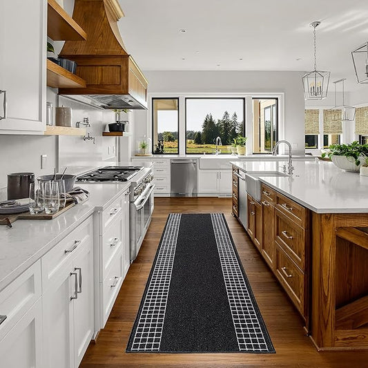 Custom Made Runner Rug for Kitchen Foyer Hallway Entry Choose Your Length 26 Inch Wide Geometric Checkered Design Black Color (10 feet x 26 inch)