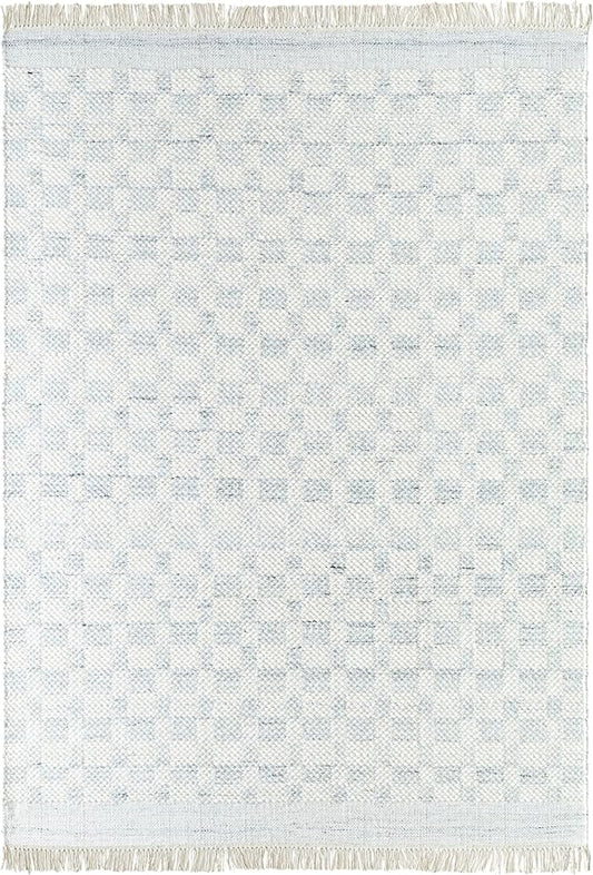 Mark&Day Wool Rugs, 2x8 Clinten Solid and Border Light Slate Runner Checkered Rug, Cream Grey Carpet for Hallway, Kitchen, Bedroom or Living Room (2'6" x 8' Runner)