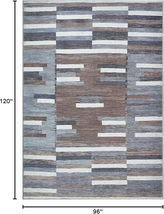 Bloom Rugs Washable Non-Slip 8' x 10' Rug - Blue/Brown Striped Area Rug for Living Room, Bedroom, Dining Room, and Kitchen - Exact Size: 8' x 10'