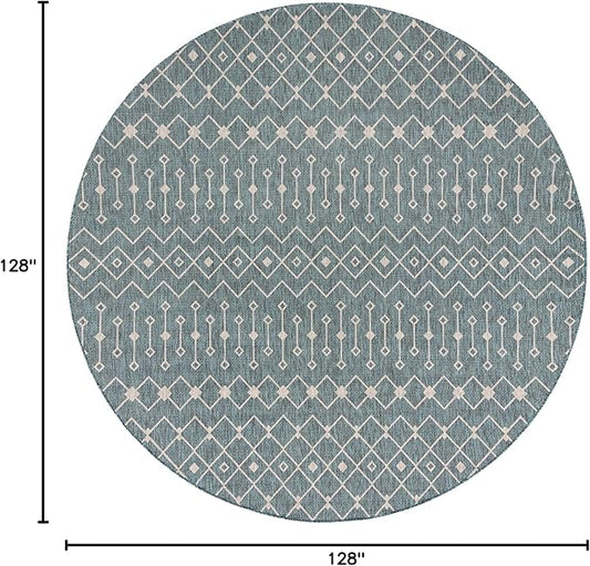 Unique Loom Outdoor Trellis Collection Area Rug - Tribal Trellis (10' 8" Round, Teal/ Ivory)
