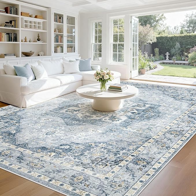 9x12 Area Rugs Washable Rugs for Living Room, Large Vintage Boho Rug Non-Slip Soft Floral Distressed Rug Low Pile Stain Resistant Carpet for Bedroom Nursery Office Dining Room Farmhouse(Blue, 9'x12')