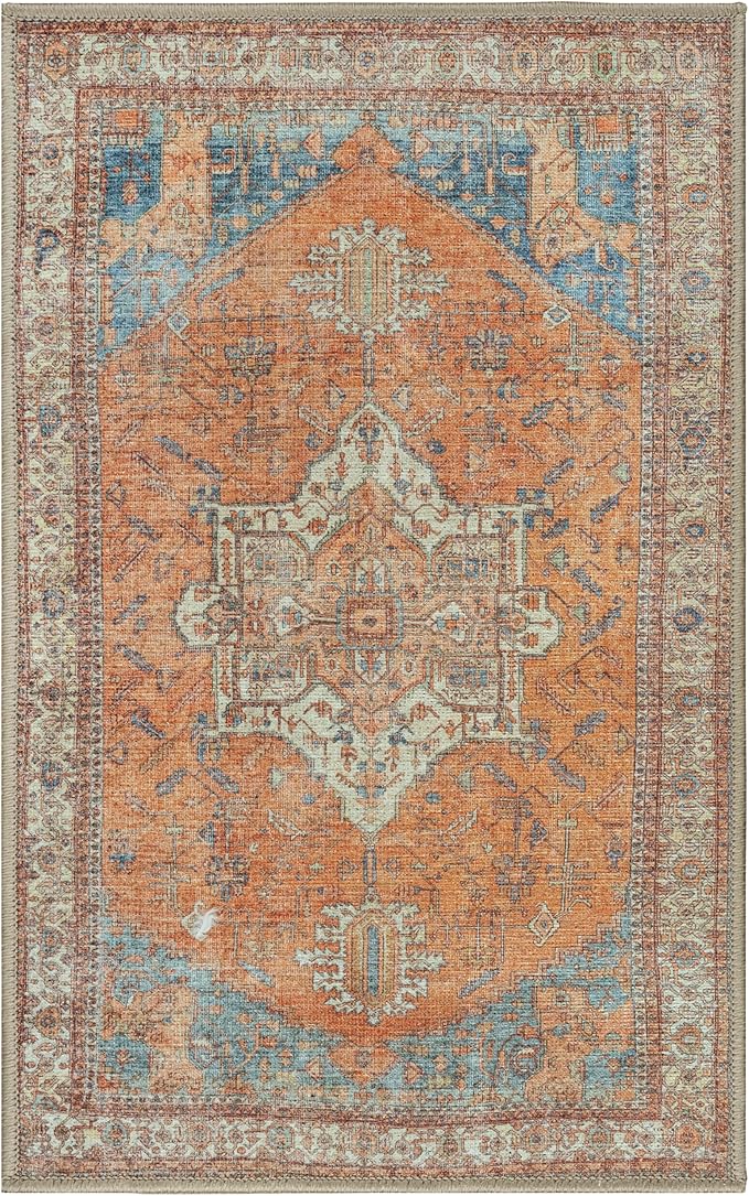 GLN Rugs Traditional Collection - Machine Washable Area Rug, Traditional Washable, Non Slip, Low Pile Chenille Rug, Living Room, Bedroom, Kitchen Rug (2' x 3' Terra/Multicolor)