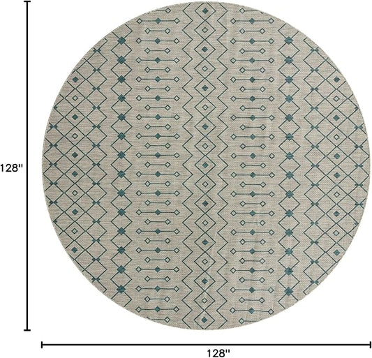 Unique Loom Outdoor Trellis Collection Area Rug - Tribal Trellis (10' 8" Round, Light Blue/ Ivory)