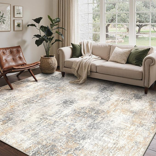 Bavni 6x9 Area Rugs Machine Washable Rug for Living Room, Modern Printed Rug Indoor Soft Area Rug for Bedroom Dining Room, Ultra-Thin Low Pile Carpet with Non Slip Rubber Backing, Beige Gray