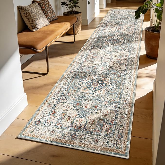 Enkor Runner Rugs for Hallway, 2x8 Washable Soft Boho Non Slip Floor Rugs for Kitchen, Modern Mat for Living Room Bedroom Entryway Beige & Green