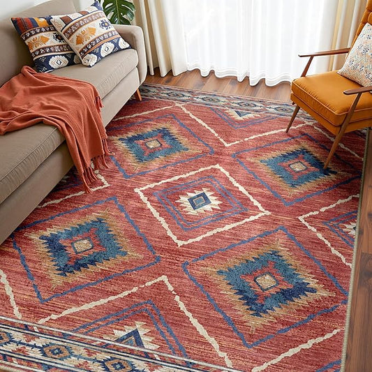 Area Rug 3x5 Rug Machine Washable Non-Slip Low Pile Print Pattern Western Rug for Living Room Bedroom Entryway Tribal Series -Red/Orange