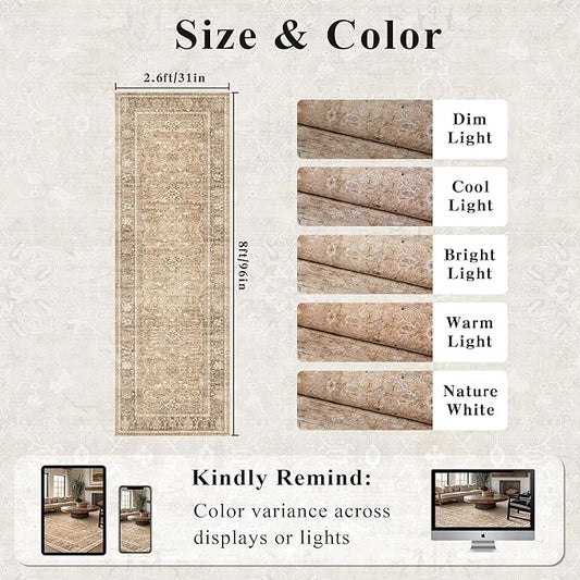 2.6x8 Runner Rug for Hallways Vintage Distressed Non Slip Long Carpet Floral Boho Distress Print Pattern Mat Lightweight Retro Accent Throw Carpet for Kitchen Bedroom Bedside Laundry Room-Khaki