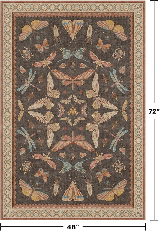 Brown Washable Area Rug for Living Room - 4x6 Large Entryway Rugs, Vintage Insect Soft Stain Resistant Carpet for Bedroom, Kitchen, Non Slip with Rubber Backing, Aesthetic Décor Indoor