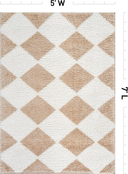 Rugshop Diamond Wave Shag Area Rug Beige 5' x 7' Great for Bedrooms, Living Rooms, or Under Coffee Tables