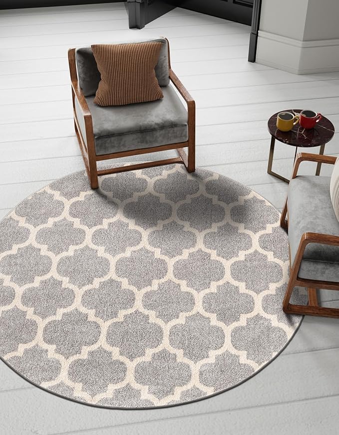 Rugs.com Lattice Collection Rug – 3 Ft Round Light Gray Medium-Pile Rug Perfect for Kitchens, Dining Rooms