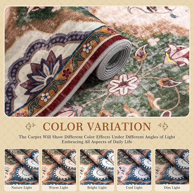 EnHomee Area Rugs 3x5, Soft Washable Rugs for Living Room Bedroom, Boho Non Slip Low Pile Stain Resistant Washable Rug Large Carpet for Dining Room,Easy to Clean Living Room Rug, Red & Green