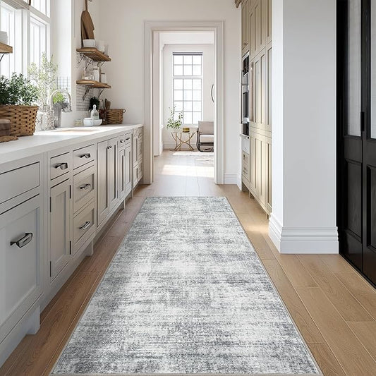 Modern Abstract Neutral 3x8 Runner Rug for Hallway Low Pile Non Slip Washable Rugs Floor Covering Grey Carpet Runners for Kitchen Laundry Room