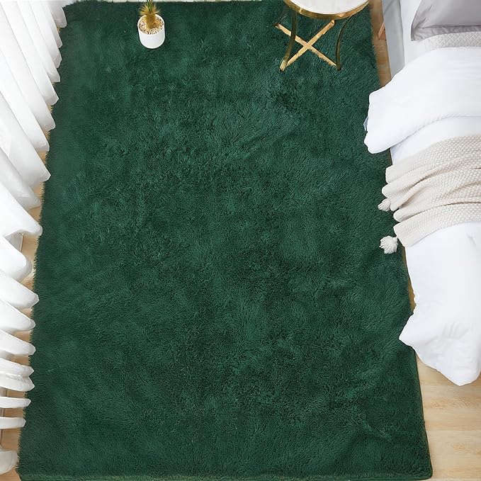 Andency Emerald Green Soft Area Rugs for Living Room Bedroom, 3x5 Non-Slip Fluffy Shag Carpet, Indoor Floor Fuzzy Shaggy Living Room Plush Rug for Kids Dorm Nursery Home Decor Aesthetic