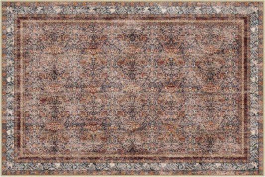 Phantoscope Washable Area Rug 8'x10' Non-Slip, Vintage Neutral Xmas Rugs for Living Room, Bedroom, Dining Room, Distressed Boho Floral Medallion Pattern, Low-Pile Foldable Carpet, Brick Red/Black