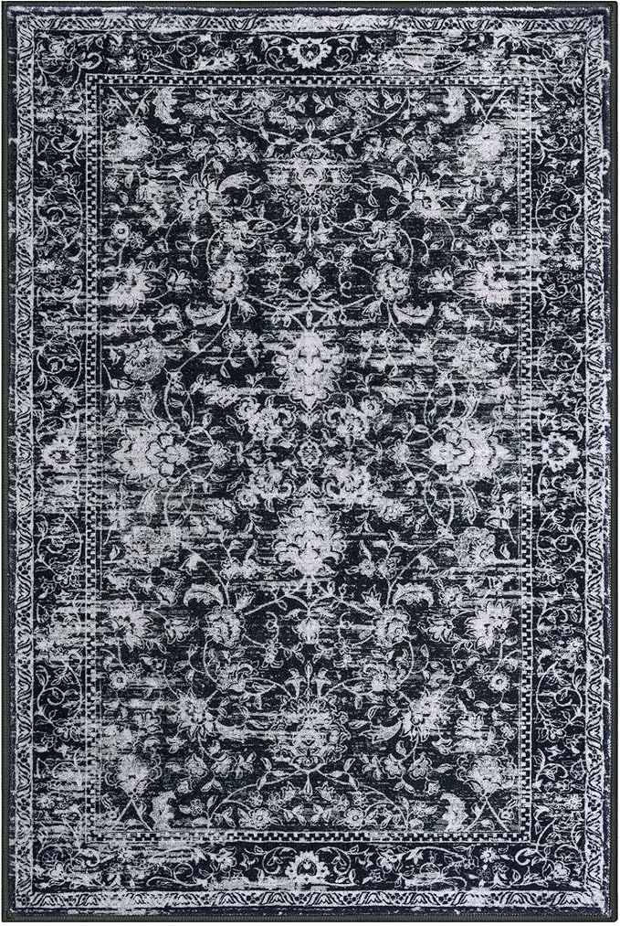 KILOCOCO Area Rug 3x5 Entryway Rug Washable Printed Vintage Floral Rubber Backed Non Slip Indoor Kitchen Rugs for Living Room Laundry Room Playroom Mudroom Moroccan Area Rugs, Black/Navy/White