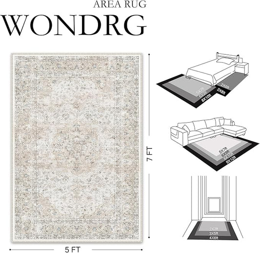 10x12 Washable Vintage Area Rug for Living Room Bedroom Beige Grey Soft Tranditional Non Slip Large Throw Rug Lightweight Floral Low Pile Distressed Carpet Bedroom Playroom Classroom Office