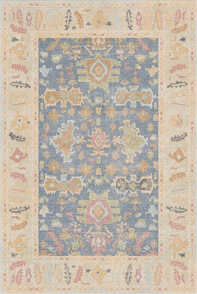 Kuden 8x10 Large Area Rug, Machine Washable Area Rug with Non-Slip Backing, Vintage Style, Soft, Easy Clean, Low Pile Rug for Living Room, Bedroom, Dining Room