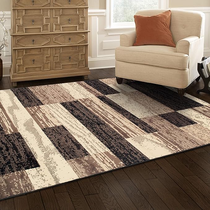 Superior Indoor Area Rug, Foam Backed, Modern Geometric Patchwork Floor Decor for Bedroom, Office, Living Room, Entryway, Hardwood Floors, Rockwood Collection, 10' x 14', Chocolate