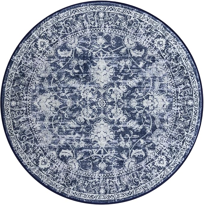 KILOCOCO Round Rug 3ft Vintage Floral Small Circle Rug Machine Washable Entryway Mat Non Slip Low-Pile Kitchen Rugs for Front Door Laundry Room Bathroom Moroccan Area Rugs, Blue