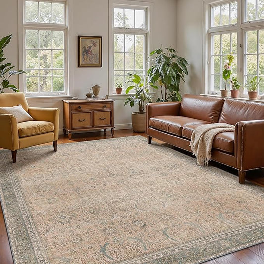 9x12 Area Rug Machine Washable Boho Rug for Living Room,Ultra-Thin Low Pile Carpet,Lightweight Indoor Printed Rug,Non Slip Floral Area Rug for Bedroom, Dining Room, Home Office,Light Beige