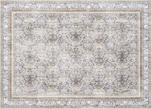 Phantoscope Washable Area Rug 4'x6' Non-Slip, Vintage Neutral Rugs for Living Room, Bedroom, Dining Room, Distressed Boho Floral Medallion Pattern, Low-Pile Foldable Floor Carpet, Light Brown
