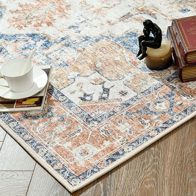 jinchan Kelda Living Room Area Rug 10x12 Washable Rug Vintage Indoor Large Floor Cover Distressed Lightweight Non-Slip Low Pile Thin Mat Stain Resistant Carpet for Bedroom Dining Room Office Orange