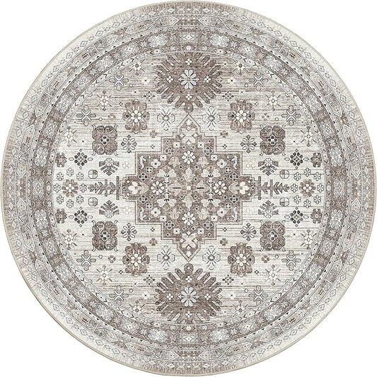 zesthome 8ft Round Rugs for Living Room, Non-Slip Washable Round Area Rugs, Ultra-Thin Large Circle Rugs, Soft Low Pile Rug for Bedroom, Kitchen - Vintage Stain Resistant Round Rug (Brown/Beige,8'x8')