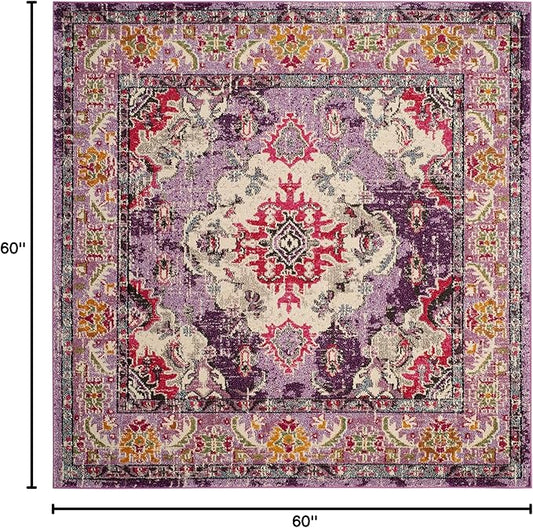 SAFAVIEH Monaco Collection Area Rug - 5' Square, Violet & Fuchsia, Boho Chic Medallion Distressed Design, Non-Shedding & Easy Care, Ideal for High Traffic Areas in Living Room, Bedroom (MNC243P)