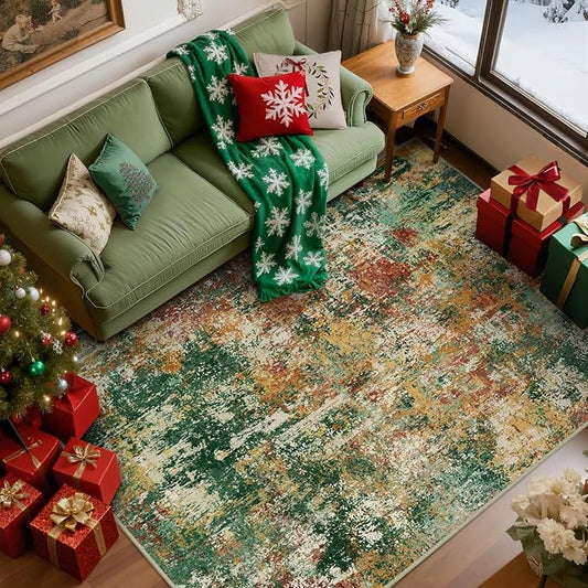 Washable Area Rugs 8'x10' Non-Slip Modern Abstract Soft for Living Room Entryway Bedroom Nursery, Print Pattern, Green Orange Rust Red Cream Colorful